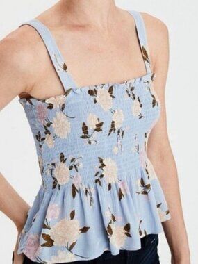 American Eagle Blue Floral Smocked Peplum Tank Top XS